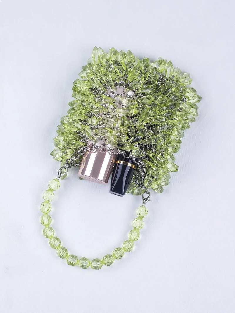 Fashion HandWoven Clear Crystal Acrylic Handbag Green Blue Yellow Handmade Summer Party Small Bucket Purse Evening Beaded Clutch 240729