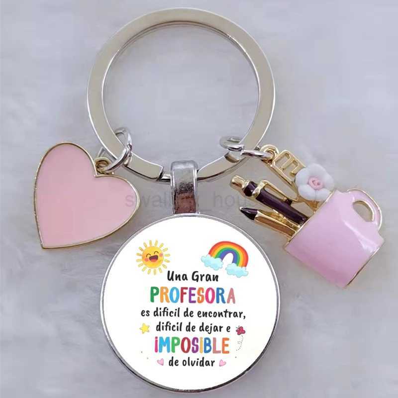 Gift for teachers with Spanish printed handmade glass convex circular keychain DIY keychainL240729