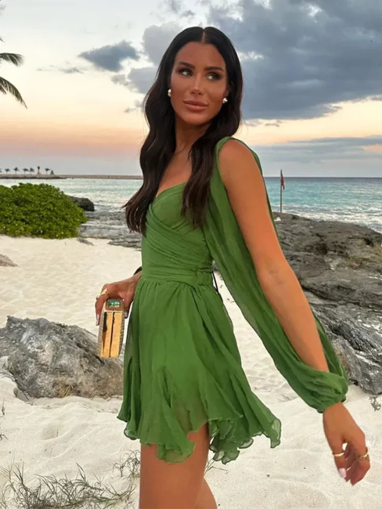 Sexy Green Pleated Mini Dress for Women Elegant V-neck Split Long Sleeve A-line Dresses Summer Lady Solid Backless Lace Up Robes 240729