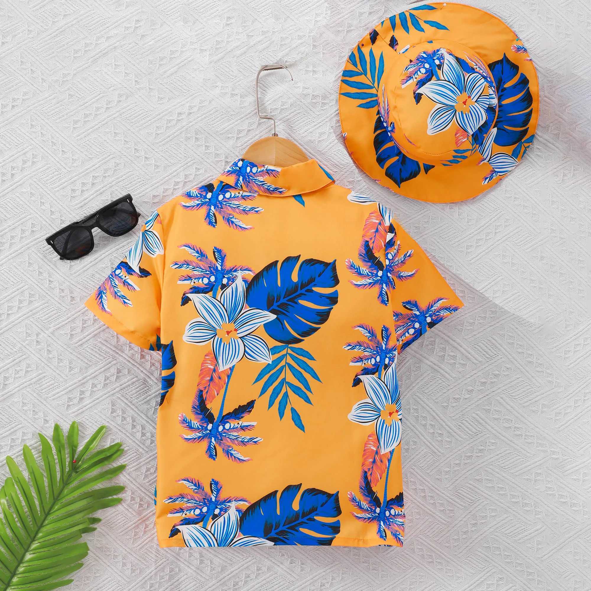 Summer New Childrens Wear Boys short sleeved polo collar print with hat shirt casual vacation style 8 9 10 11 13 14 years oldW240729