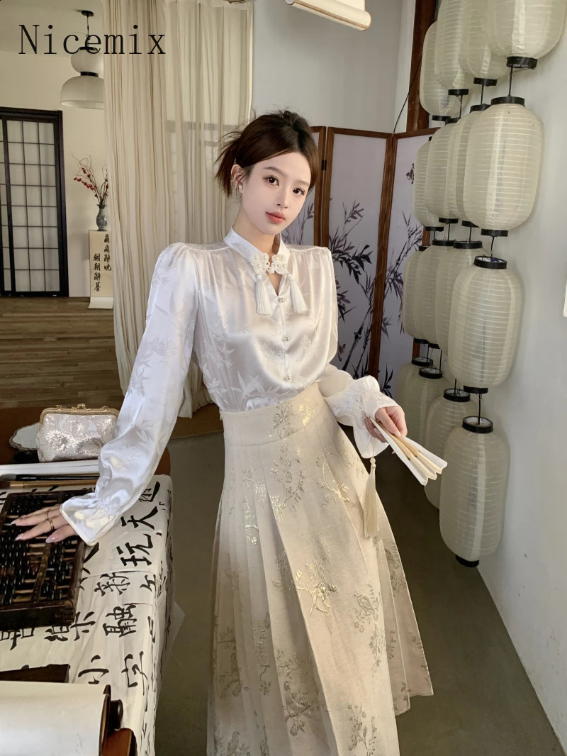 Chinese Style Heavy Industry Jacquard Gold Silk Horse Face Skirts Suit Elegant Slim White Shirts Two Piece Set Women Outfits 240729