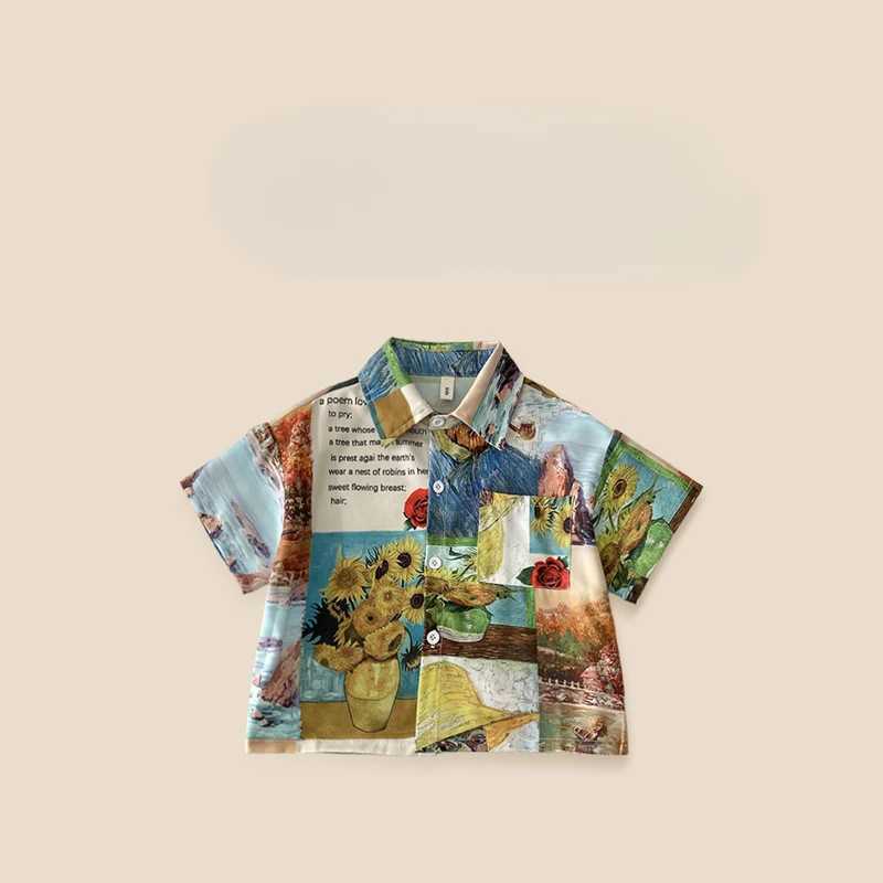 Childrens summer vintage oil painting shirt boys floral shirt childrens casual top childrens clothingW240729