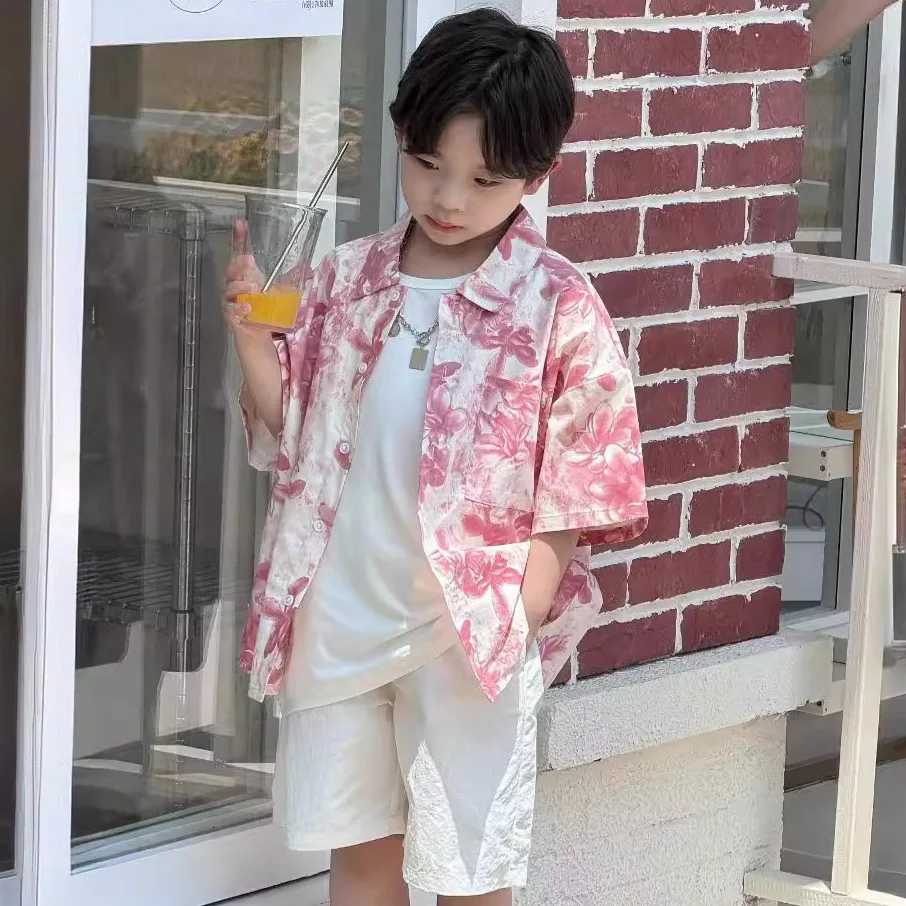 2024 Summer New Boys Korean Childrens Clothing Washed Cotton Fabric Pink Flower Printed Short Sleeve ShirtW240729
