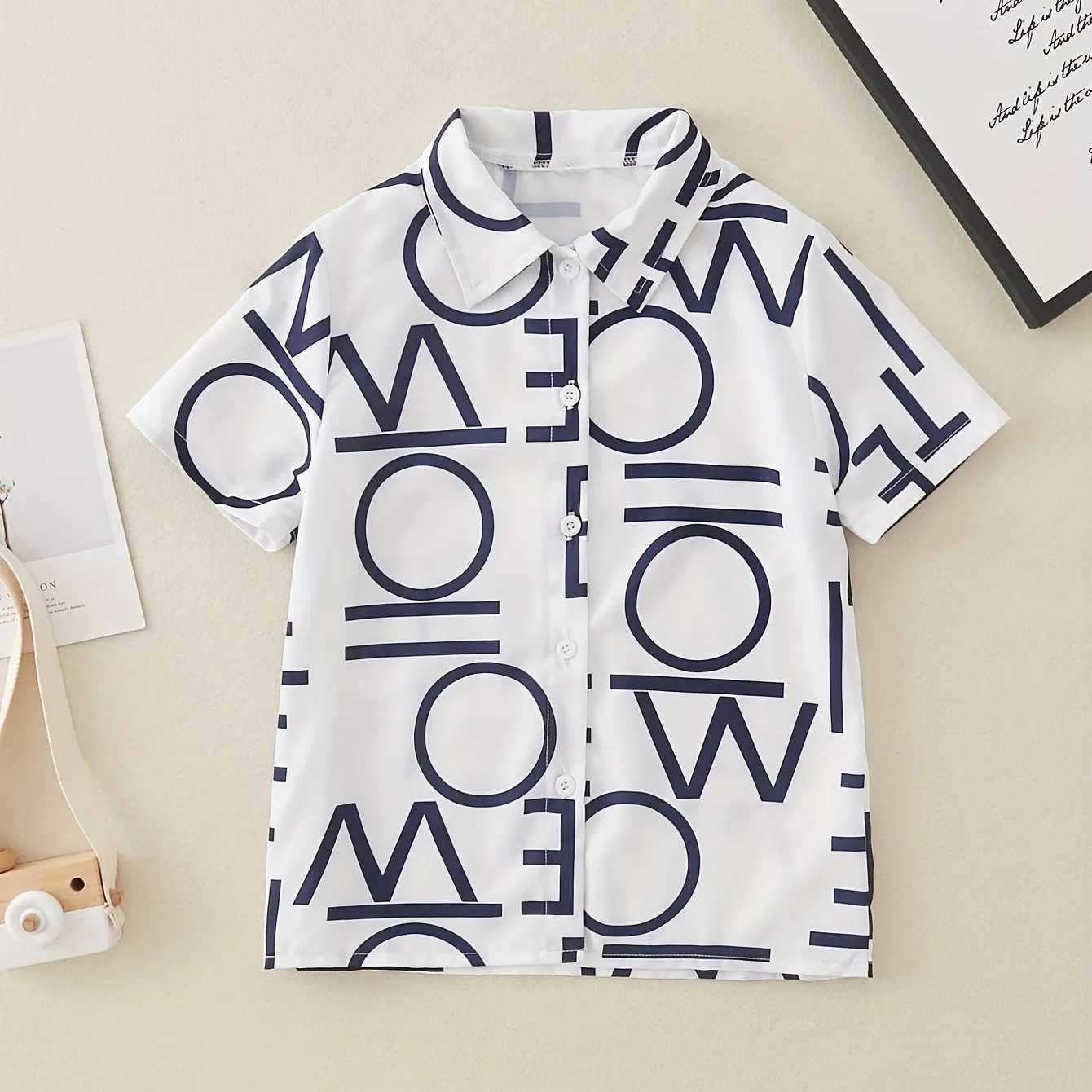 Childrens flower and leaf print pattern boys fashionable and creative short sleeved shirt collar shirt casual childrens topW240729