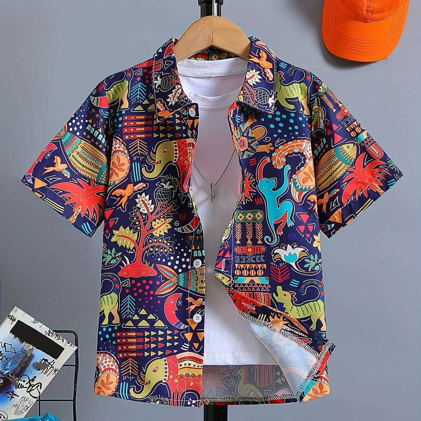 Childrens boy cartoon monster pattern top casual short sleeved fun button retro shirt summer vacation topW240729