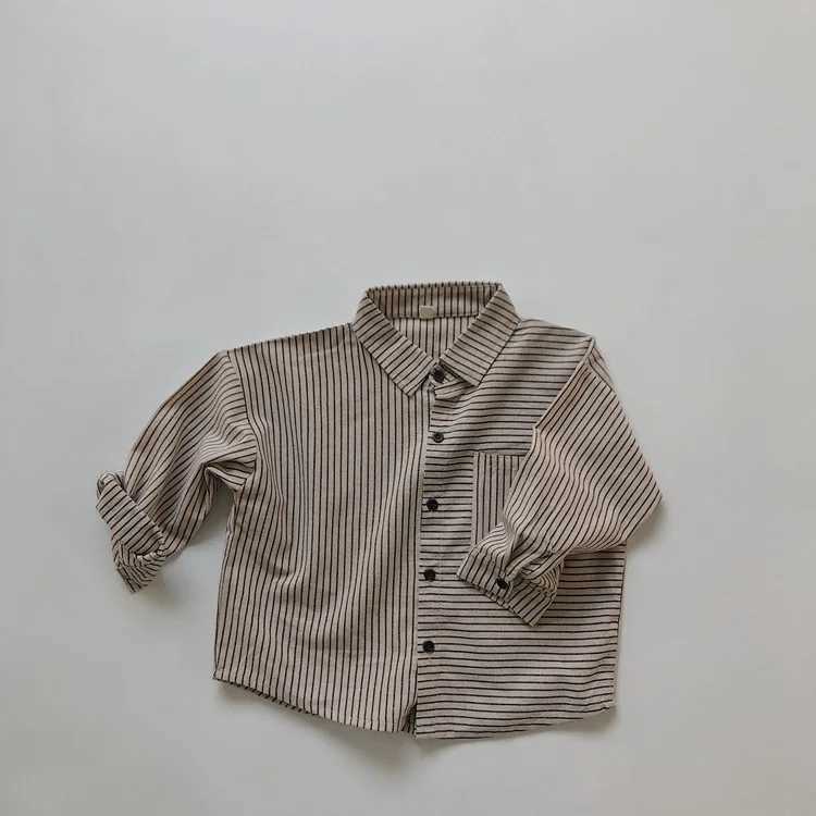 Autumn new childrens long sleeved lapel shirt baby boy linen cotton casual top fashionable girl striped loose jacket childrens clothingW240729