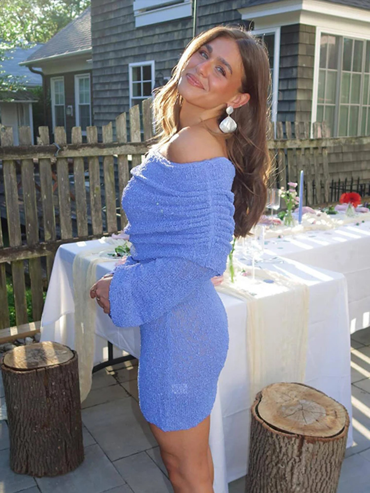 Sexy Off Shoulder Mini Dress Women White See Through Long Sleeve Female Dresses 2024 Summer Fashion Party Club Lady Vestidos 240729