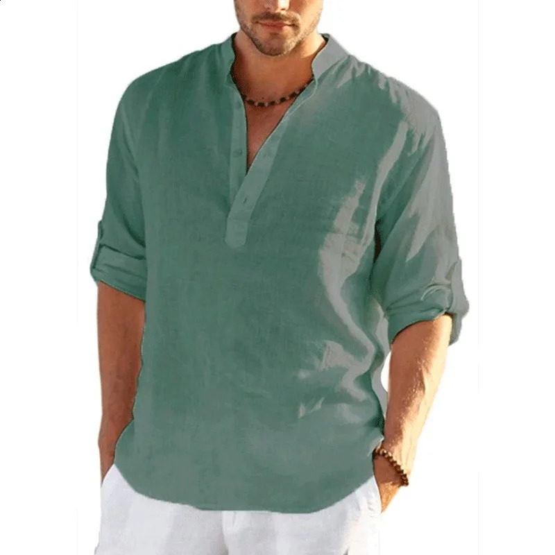 Mens Linen Long Sleeve T-Shirt Solid Color Loose Casual T-Shirt Long Sleeve Cotton Linen Shirt 240729