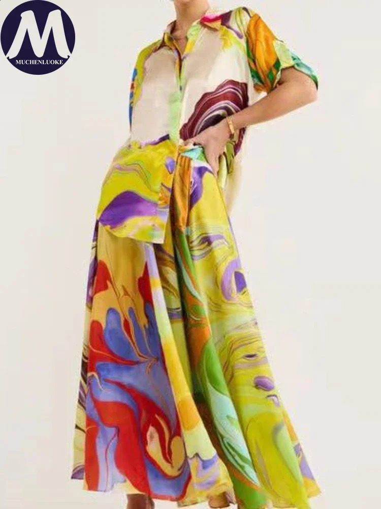 Elegant 2piece Sets for Women Summer Fashion Printing Half Sleeved Shirt Top Suits Casual Loose Lace Up High Waisted Skirt Set 240729