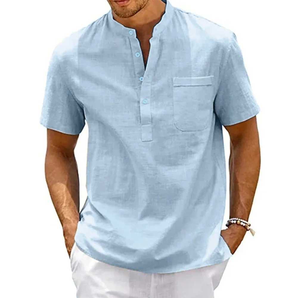 Cotton linen mens Henry collar pocket casual beach short sleeved solid color mens top retro streetwear M250411