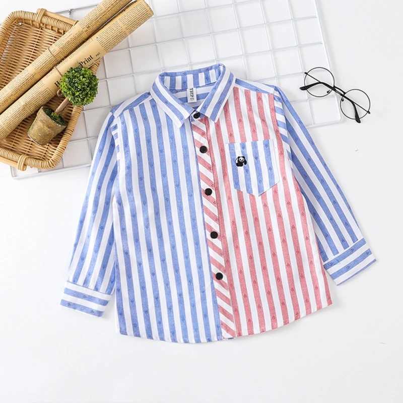 2-9Y childrens shirt chic colored striped lapel long sleeved shirt boys and girls panda embroidered cotton soft single chest shirtW240729