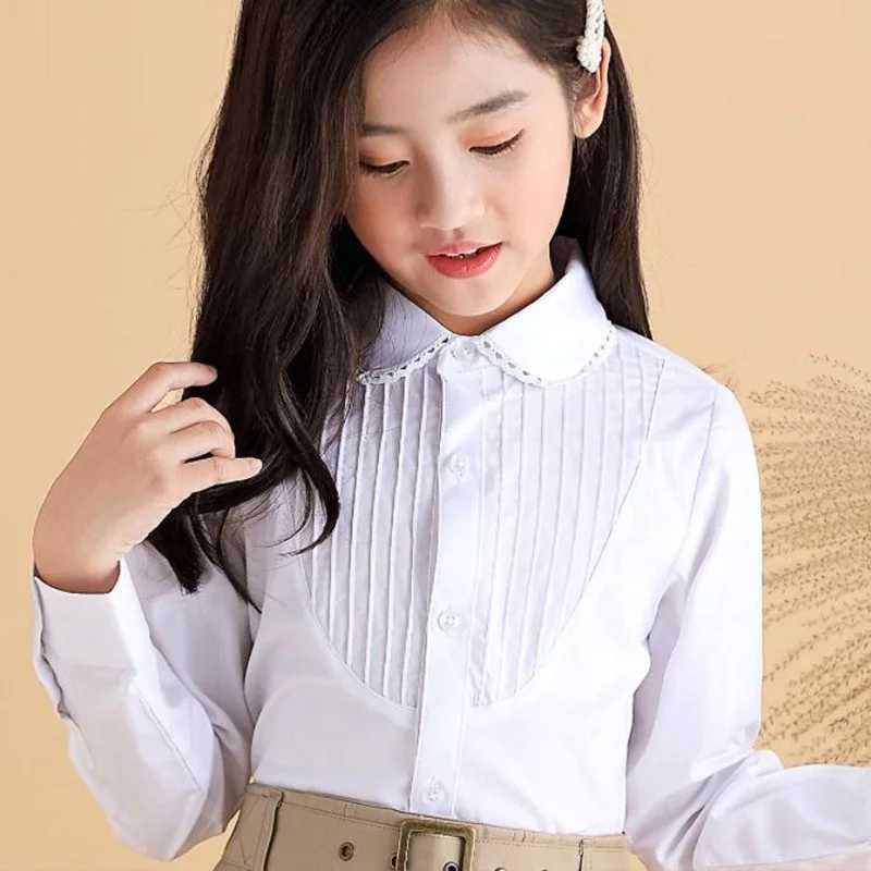 School Uniform Girls Long sleeved Cotton Shirt Preschool Girls White Shirt Top Childrens Performance Shirt Childrens ClothingW240729