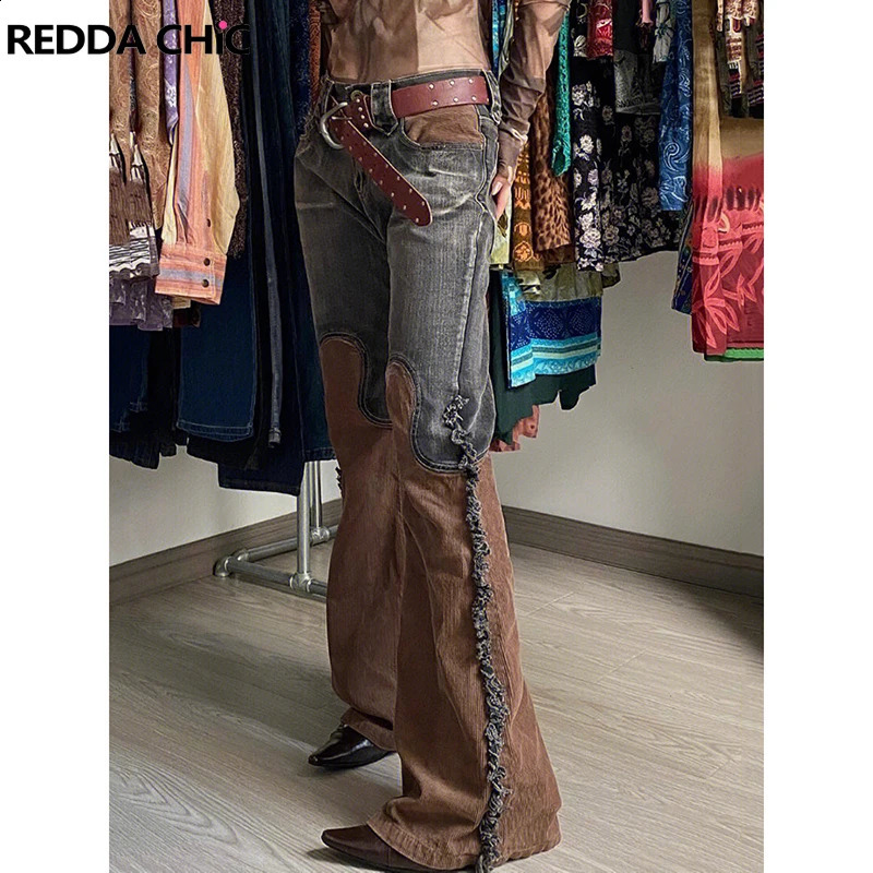 ReddaChic Wastelan Hipster Flared Jeans Women Trend Patchwork Wide Pants with Side Tassels High Rise Vintage Autumn Clothes 240729