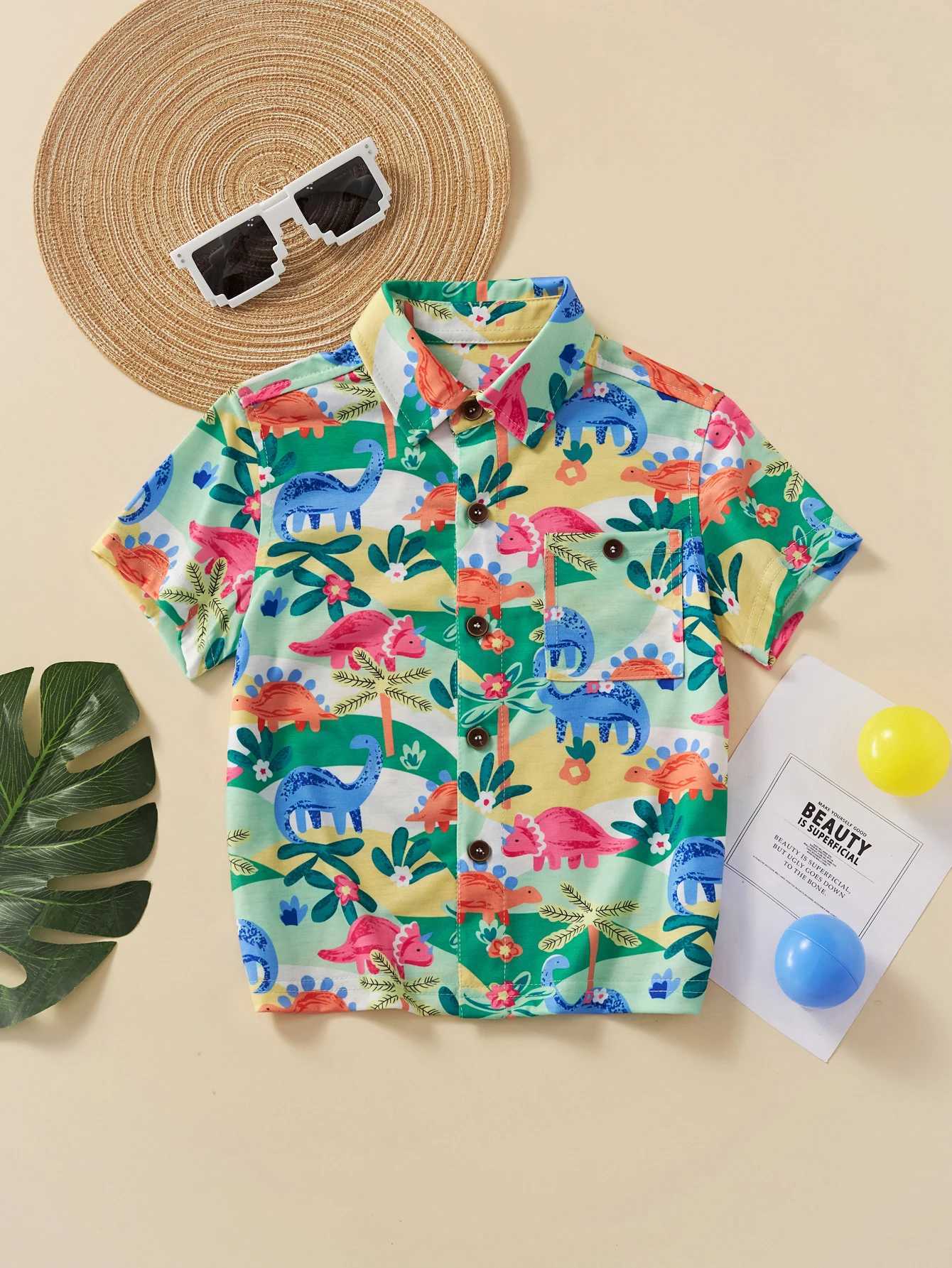 Boys casual color contrast short sleeved cartoon dinosaur full body print summer fashionW240729