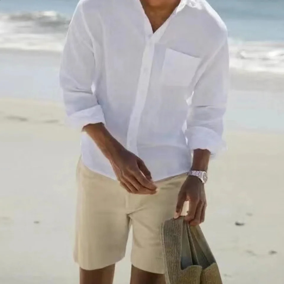 Autumn Men Plain Cotton And Linen-Blend Loose Lapels Long-Sleeved Casual Cardigan Beach Shirt 240729