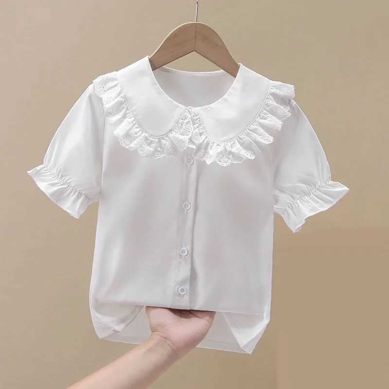 Summer 4-13 year old girl pleated lace shirt white short sleeved school uniform girl button up shirt childrens topW240729