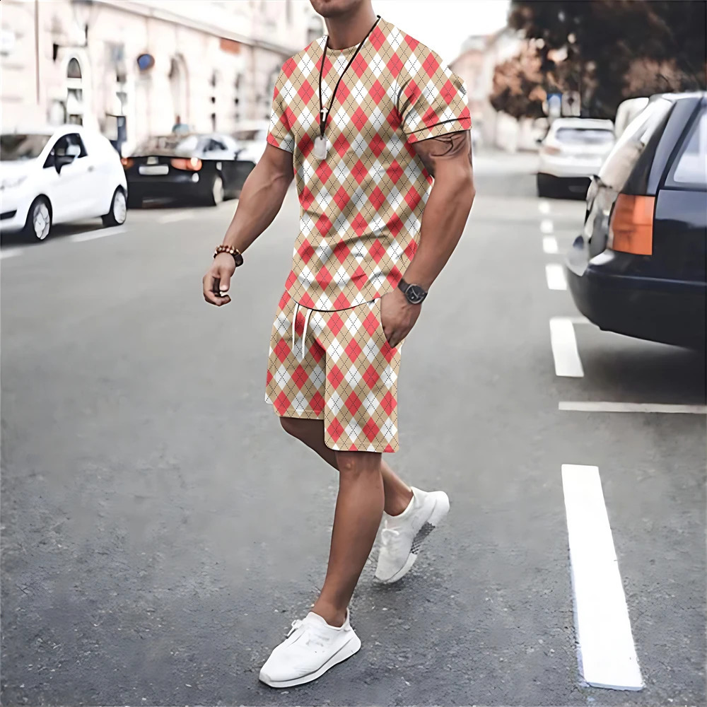 Men Tracksuits Fashion Print T Shirt Shorts 2 Piece Sets Mesh Oversized T-shirts Sportswear Suits Summer Quick Dry Mens Clothes 240729