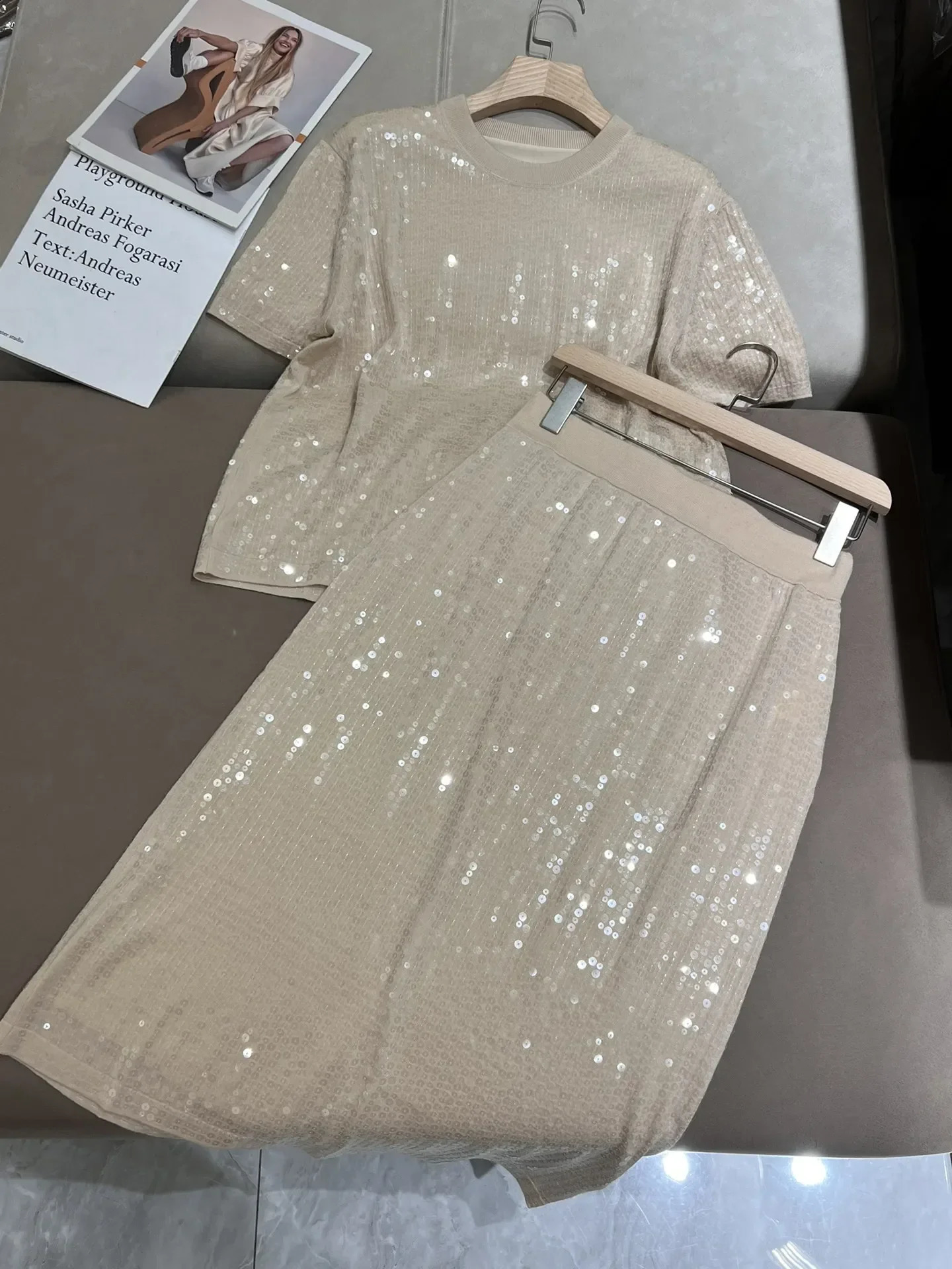 Spring Summer Heavy duty bead round neck loose short sleeve Tshirt top elastic waist Aline skirt woman twopiece set 240729