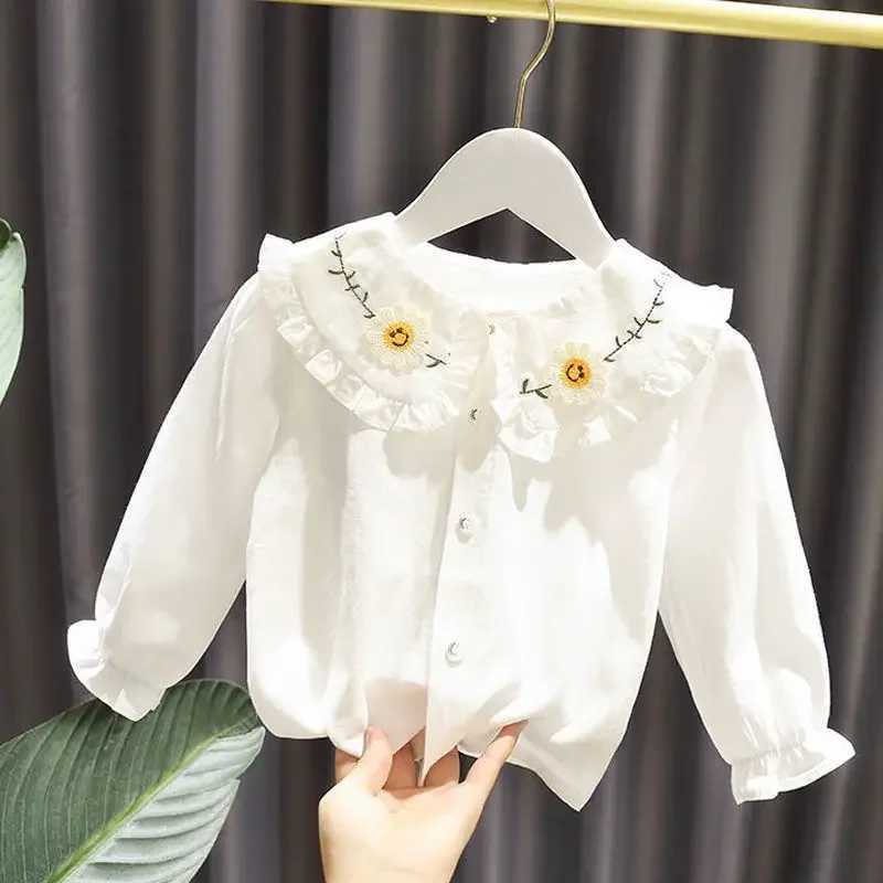 Girls Shirt Spring/Summer 2023 New Polo Neck Cotton Long sleeved White Shirt Girls Childrens TopW240729