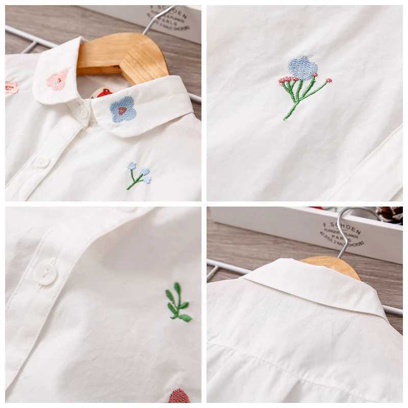 Girls long sleeved white shirt autumn and spring childrens clothing girls 8-12 cartoon fox embroidery top cotton school shirtW240729