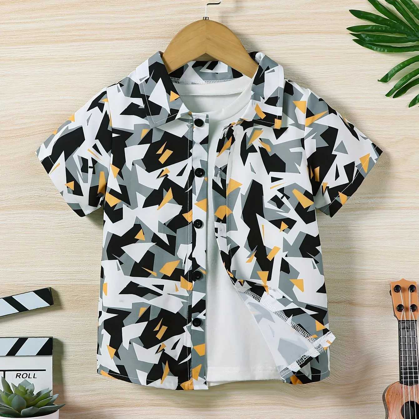 Boys Summer Holiday Party Style Flower and Leaf Full Print Childrens Short Sleeve Collar Shirt Childrens Summer TopW240729