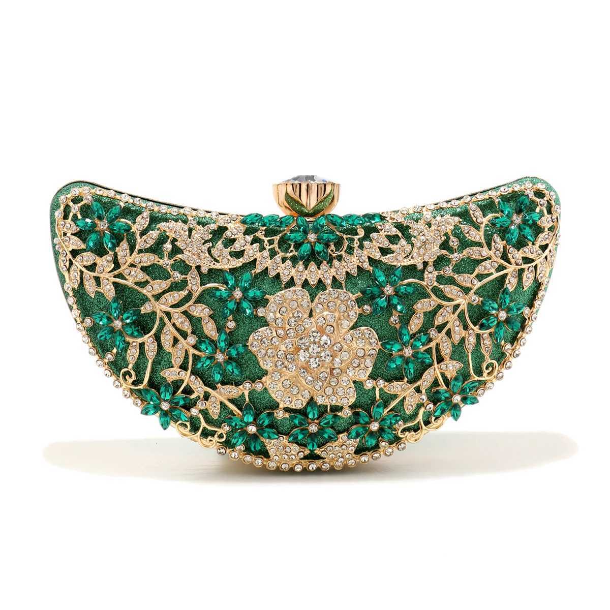 Green Color Women Evening Bags With Rhinestones Hollow Out Style Clutch Diamonds Moon Design Wedding Glitter Luxury Lady BridalXJ240729