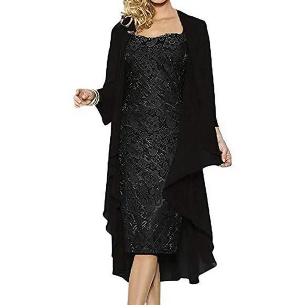 Formal Dress Set Women Outfit Elegant Flower Pattern Lace Vintage Two Pieces Knitted Cardigan Banquet 240729