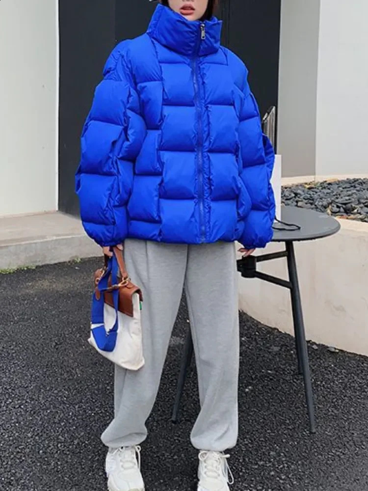 Winter Jacket for Women Three-dimensional Plaid Woven Fashion Coat Solid High Street Warm and Thick Winter Down Jacket 240729