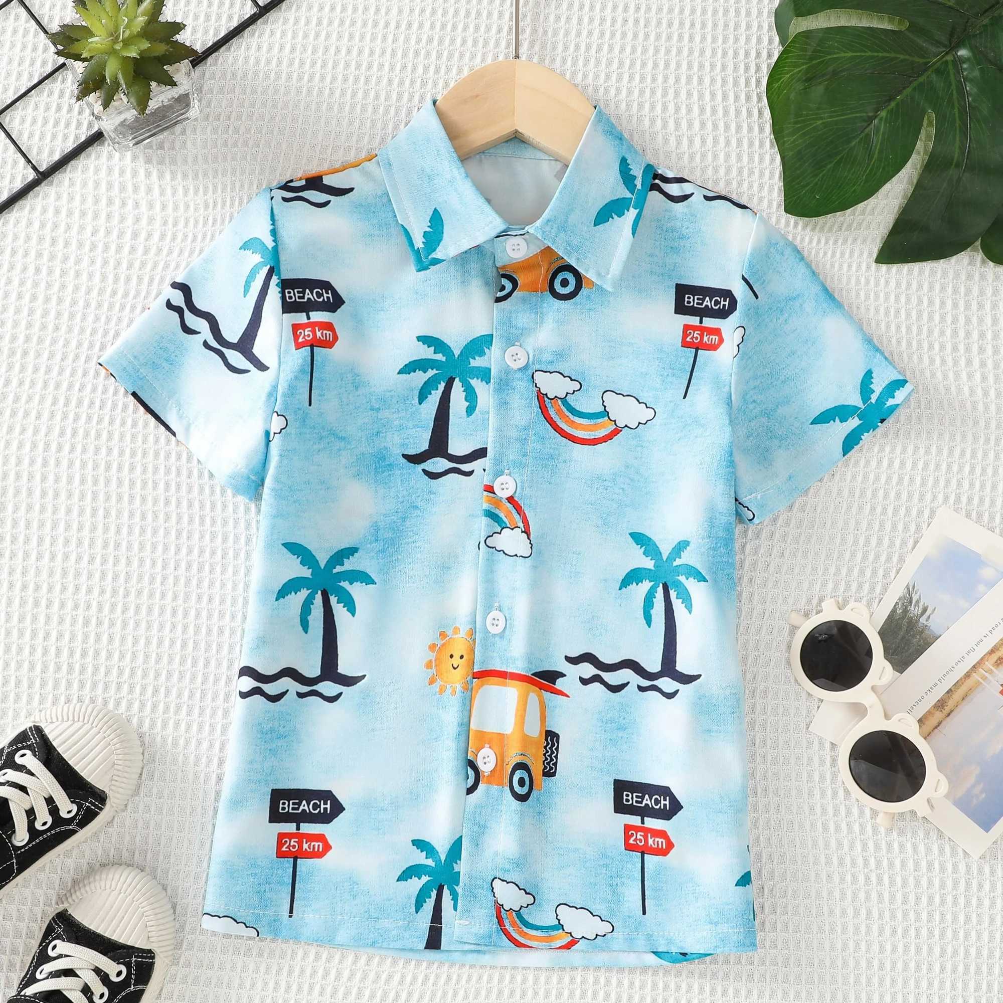 2024 Childrens Clothing Girls Shirt Tropical Coconut Tree Pattern Shirt Boys Fashion Short sleeved Top Collar ShirtW240729