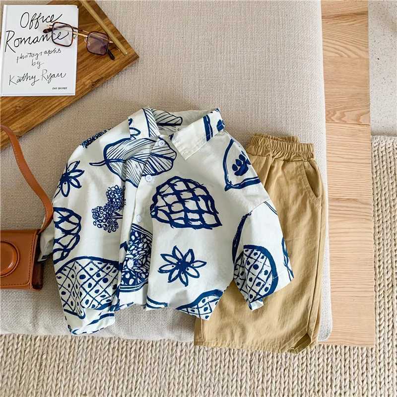 New Summer Boys Shirt Childrens Leaf Printed Cotton Top Childrens Collar Loose Casual Shirt 2-7YW240729