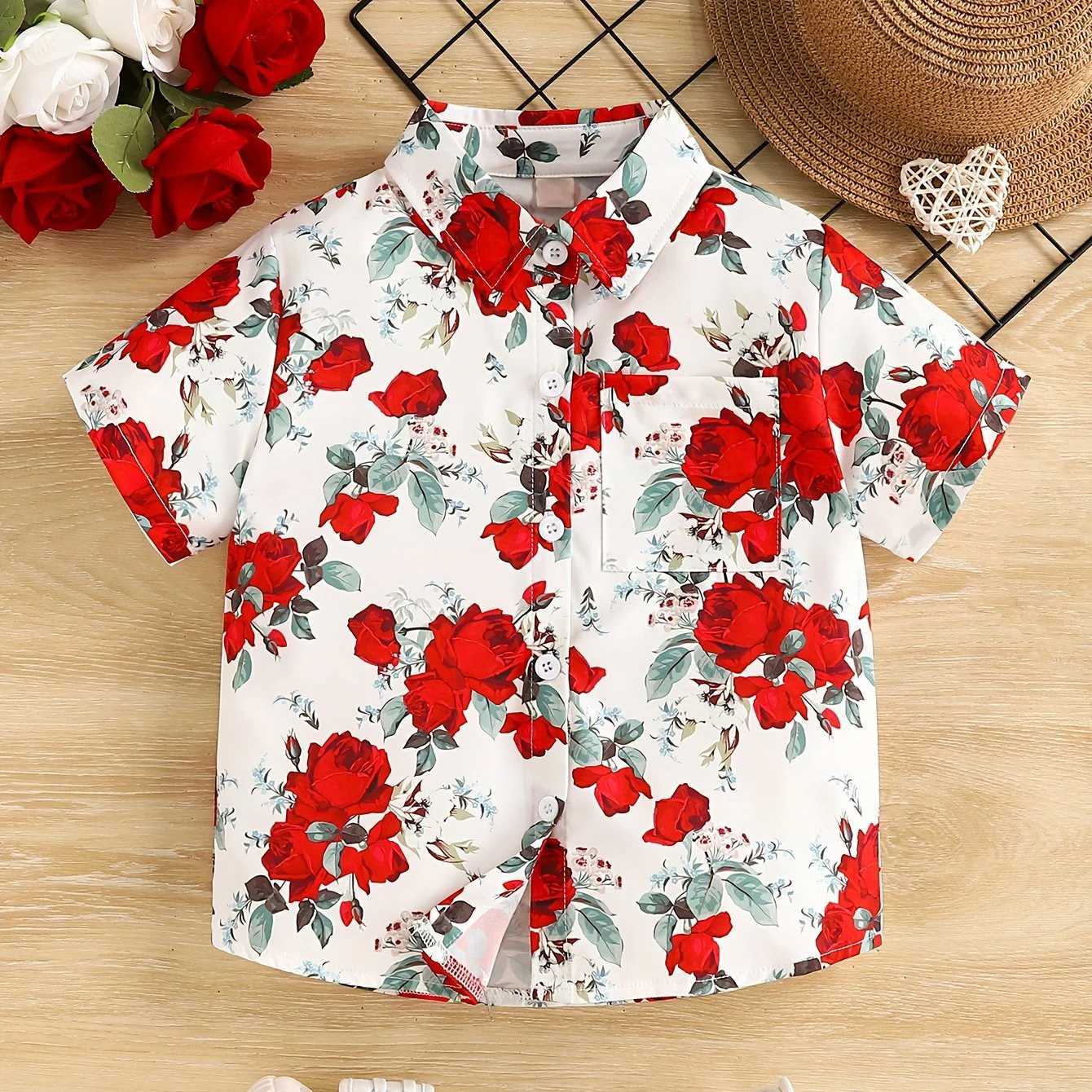 Boys casual short sleeved shirt printed summer fashion themed colorful pattern top childrens boys clothingW240729