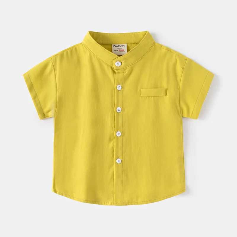 Childrens short sleeved shirt 2024 summer boys V-neck cotton shirt baby casual loose top 2-7-year-old childrens solid color T-shirtW240729