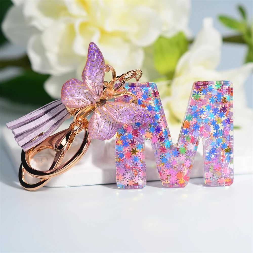 A-Z Dreamy Sequin Letters Keychain for Women Tassel Butterfly Pendant Initial Keyring Purse Suspension Bags Charms Car Key ChainL240729