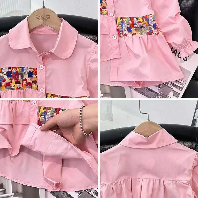 Childrens Girl Baby Shirt 2023 New Childrens Spring and Autumn Clothing Splicing Long Sleeve Jacket Autumn Casual ShirtW240729