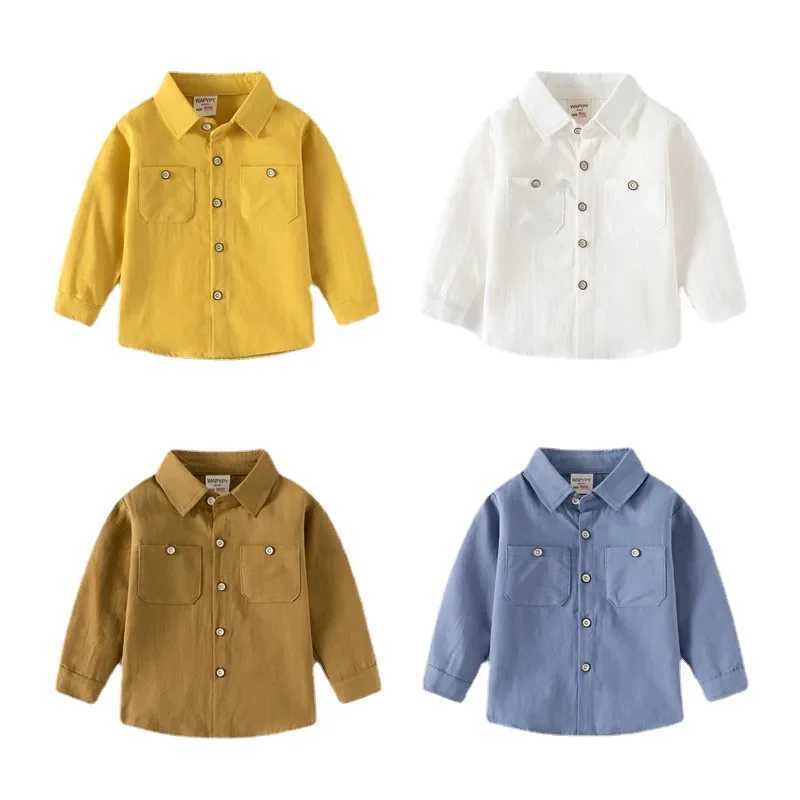 Childrens long sleeved shirt spring and autumn boys double sleeved pocket childrens long sleeved collar solid color pure cotton age 3-8W240729