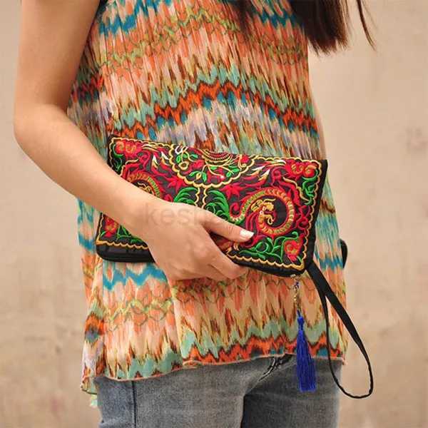 Women Floral Embroidered Boho Wristlet Girls Evening Clutch Bags Handbags Handmade Beach Bag With LanyardXJ240729