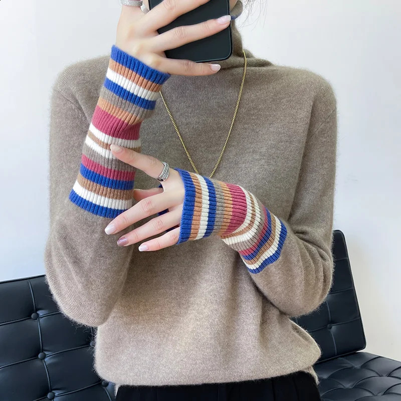 100% Merino Cashmere Sweater Womens Collar Pullover 22Autumn and Winter Knitted Bottoming Shirt Fashion Colorblocking Tops 240730