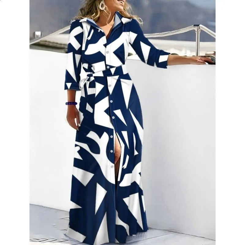 2024 Spring Fashion Long Sleeved Print Lace-Up Shirt Dress For Women Turn Down Collar Single Breasted Maxi Dress Femme Robe240730
