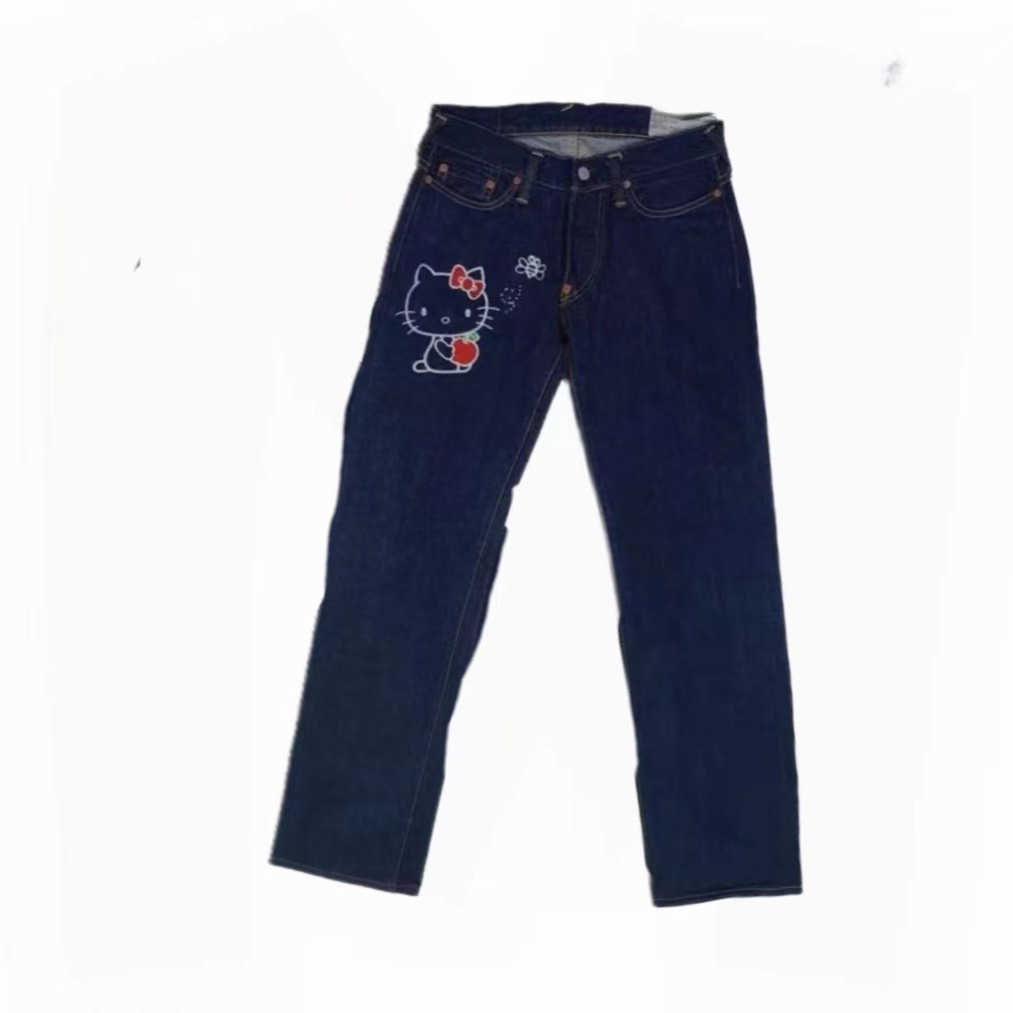 Women's Jeans 2024 Hip Hop Trend High Street Fashion Kitty Print Jeans Loose Straight Pants T240730