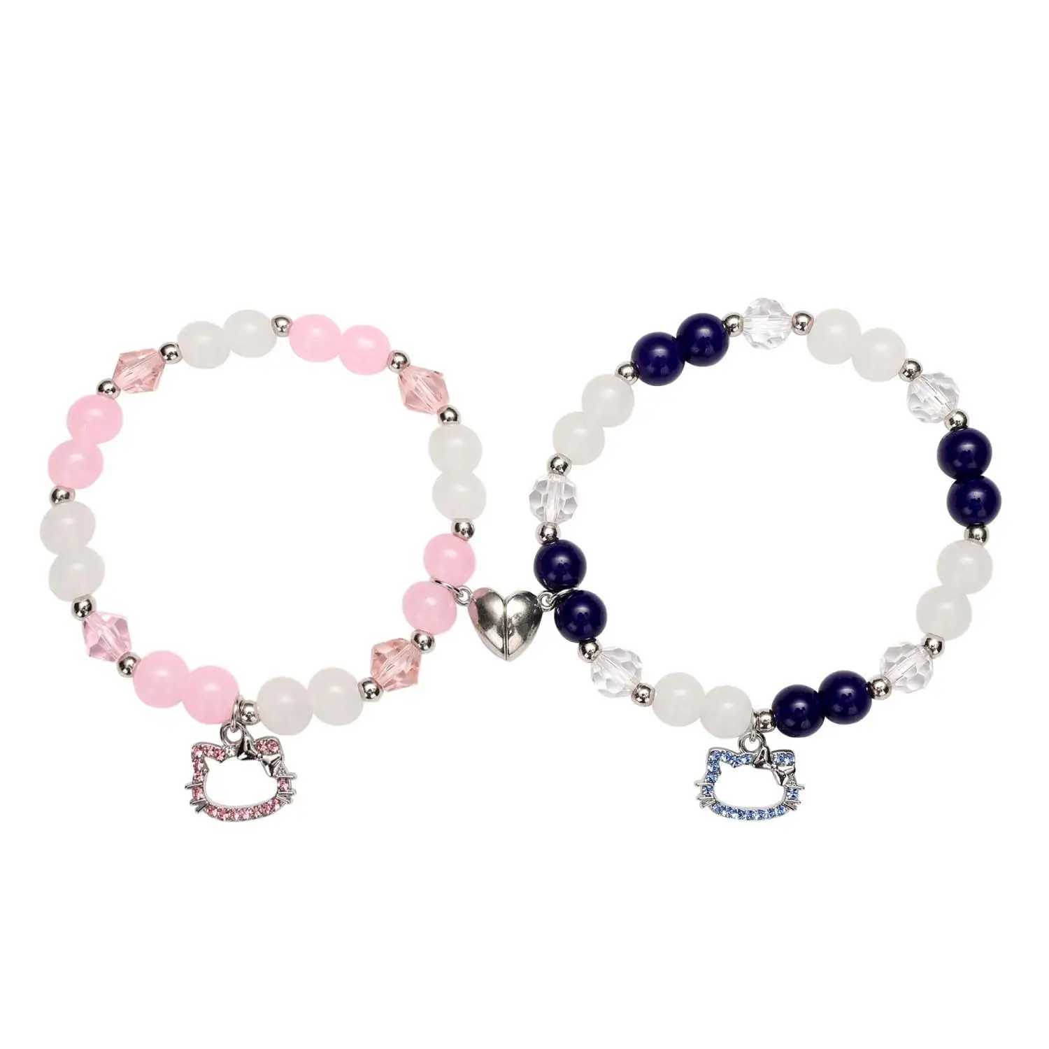 2 pieces/set of pink Hello Cat bead bracelets suitable for womens heart magnetic matching couple bracelets girls holiday jewelry gifts W241231