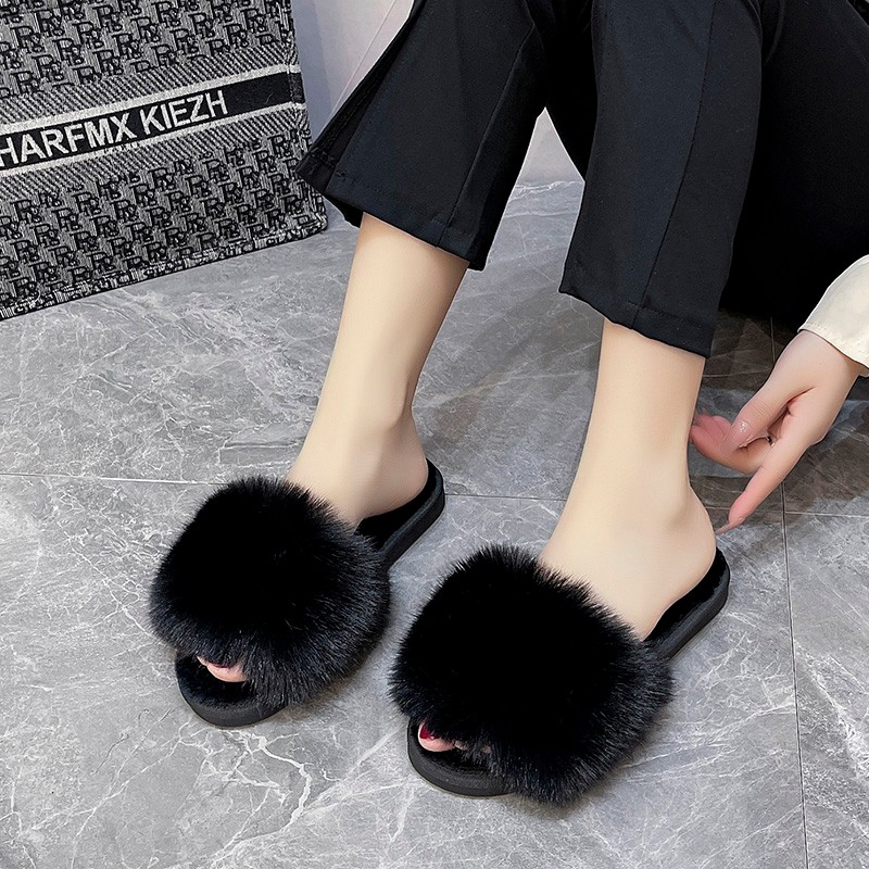 Winter Fur Slippers Home Women Indoor Furry Soft Fluffy Plush Platform Flat Cotton Slippers Luxury Designer Slides House Shoes