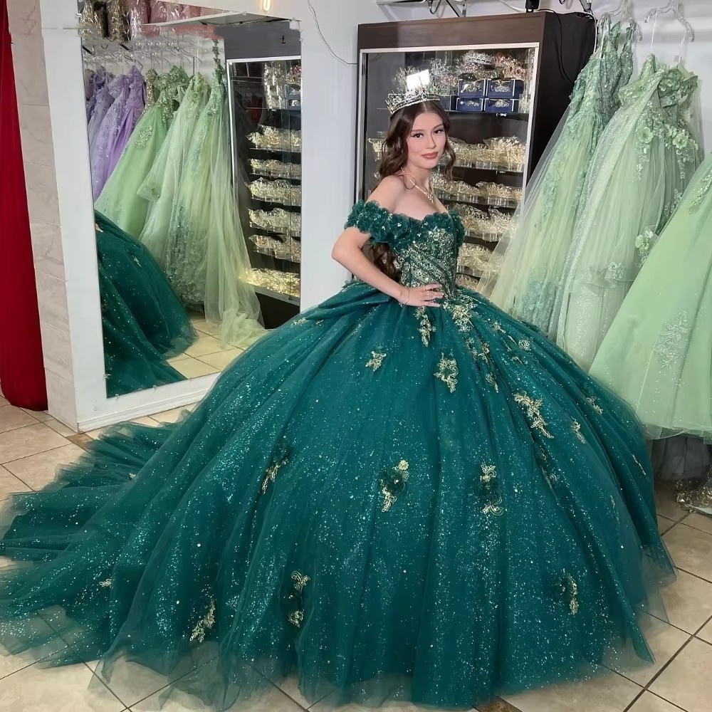 Elegant Dark Green Quinceanera Dresses Ball Gown Shiny Lace Applique Beading Bow Corset Sweet 16 Vestidos De 15 Anos