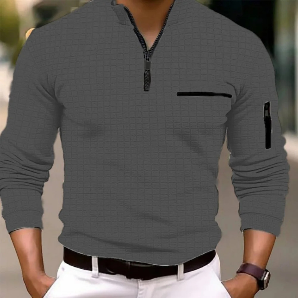 Fast selling mens checkered stand up collar polo shirt with arm zipper and breathable sport in spring autumn of 240829