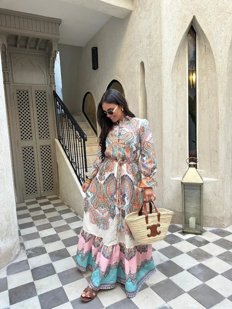 Elegant Print Buttons Patchwork Maxi Dress For Women Long Sleeves Lace Up Loose Robes 2024 Summer Chic High Street Vestidos240730