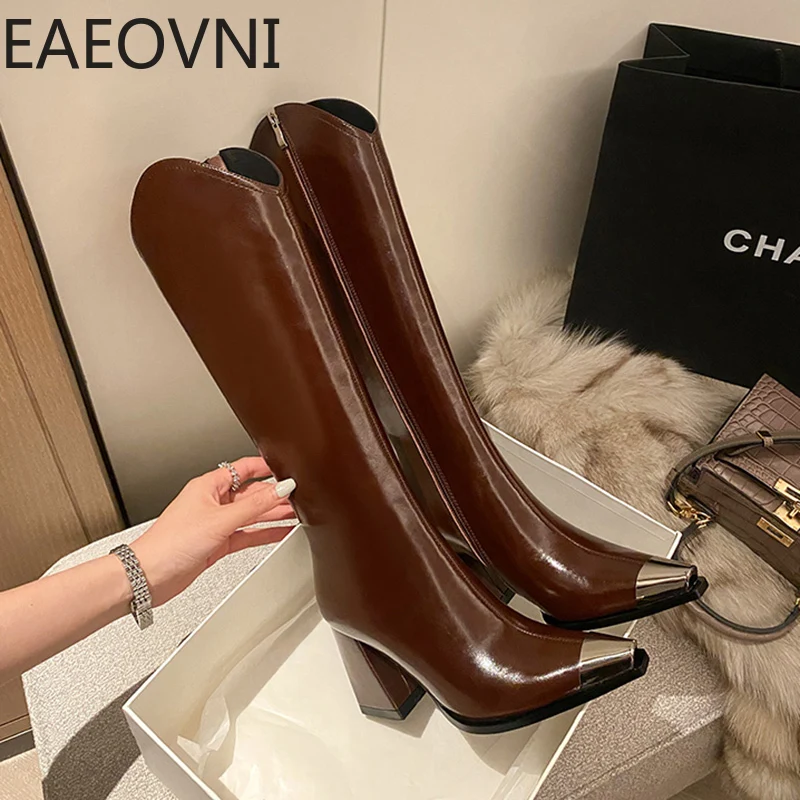 High Designer Winter Fashion Woman Pointed Toe Long Boots Shoes Ladies Elegant Square Heel Women's Knight Bootties Lhshoe