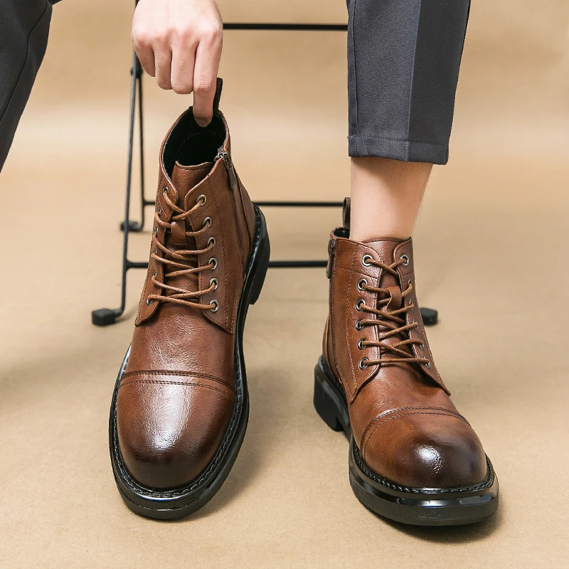 Outdoor Fashion Men Anti-slip Wearable Boots Lace Up Versatile Male Leather Business Ankle Boot Dating Loafers Shoes c8a4