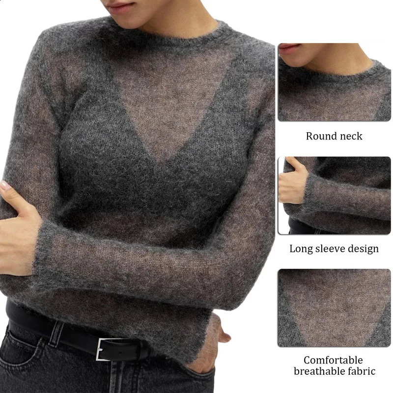 Sexy Fashion Perspective Knitted Floral Womens Spring and Autumn Oneck Long sleeved Sweater Elegant Warm Street 240812