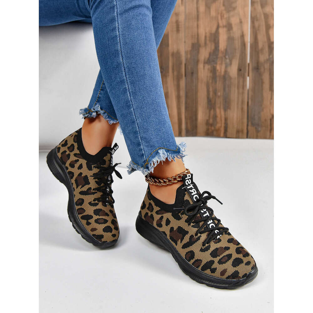 S Large Ddmysports Casual Leopard Print Lace Up Knitted Breathable Sports Shoes Running For Women Outdoor Shoes ports hoes hoes