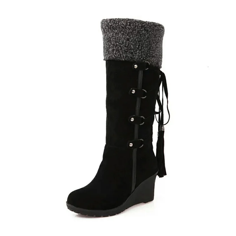 Snow Women 2024 Warm Cotton Shoes Cold Winter Knee High Ladies Wedge Heels Boots 7cm Plus Size 42