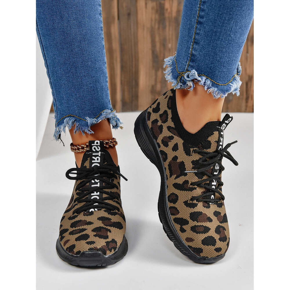 S Large Ddmysports Casual Leopard Print Lace Up Knitted Breathable Sports Shoes Running For Women Outdoor Shoes ports hoes hoes